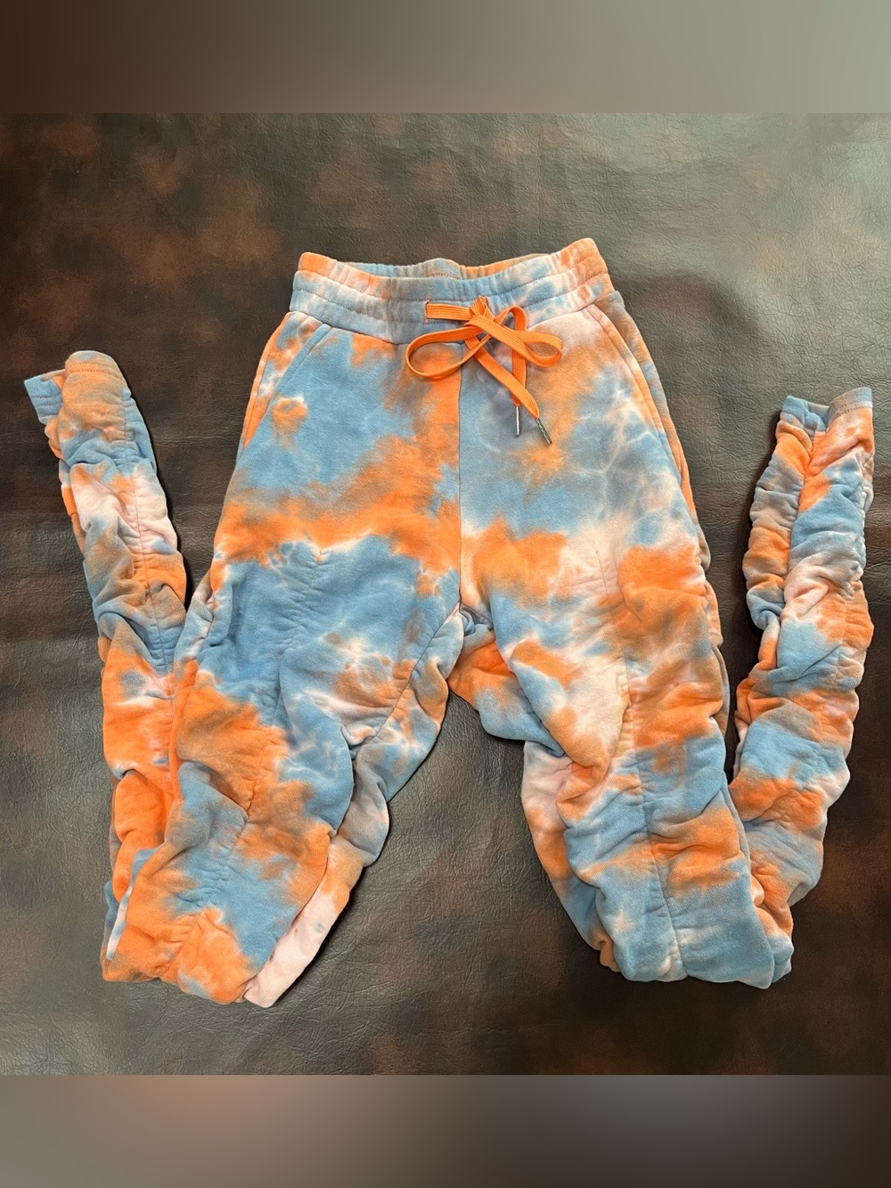 Shane Justin Women’s Tie-Dye Ruched Jogging Pants EUC 2 Pockets Org/Blue/Wht XS